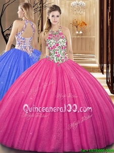 Vintage Hot Pink Tulle Backless Scoop Sleeveless Floor Length Quinceanera Dresses Embroidery and Sequins