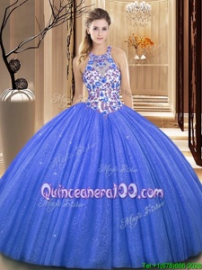 Suitable High-neck Sleeveless Quinceanera Gowns Floor Length Lace and Appliques Blue Organza