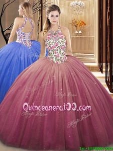 Popular Watermelon Red Ball Gowns High-neck Sleeveless Tulle Floor Length Lace Up Lace and Appliques Sweet 16 Dresses