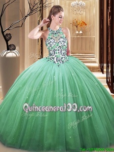 Fitting Floor Length Lace Up 15th Birthday Dress Green and In forMilitary Ball and Sweet 16 and Quinceanera withLace and Appliques