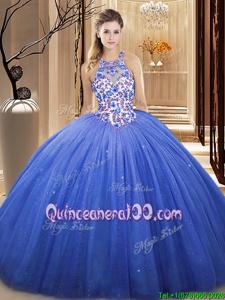 On Sale V-neck Sleeveless Tulle 15th Birthday Dress Lace and Appliques Lace Up