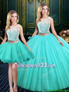 Vintage Three Piece Scoop Sleeveless Tulle and Sequined Quince Ball Gowns Lace and Sequins Lace Up