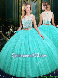 Cheap Scoop Lace and Sequins Quinceanera Gown Blue Lace Up Sleeveless Floor Length