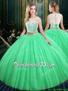 Custom Designed Spring Green Tulle and Sequined Lace Up Scoop Sleeveless Floor Length 15th Birthday Dress Lace and Sequins