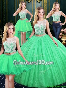 Noble Four Piece Scoop Spring Green Sleeveless Lace and Sequins Floor Length Quinceanera Gowns