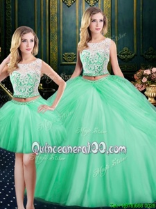 Superior Three Piece Scoop Sleeveless Satin and Tulle Floor Length Lace Up Quinceanera Dresses inApple Green forSpring and Summer and Fall and Winter withLace and Pick Ups