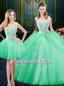 Fantastic Three Piece Tulle Scoop Sleeveless Lace Up Lace and Pick Ups Quinceanera Gown inApple Green