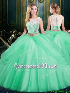 Eye-catching Scoop Floor Length Zipper Sweet 16 Quinceanera Dress Apple Green and In forMilitary Ball and Sweet 16 and Quinceanera withLace and Pick Ups