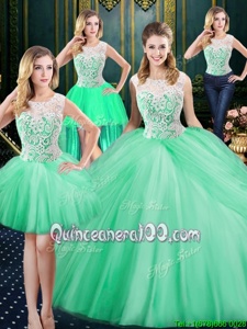 Smart Four Piece Apple Green Zipper Scoop Lace and Pick Ups Ball Gown Prom Dress Tulle Sleeveless