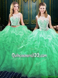 Fashion Scoop Green Ball Gowns Lace and Ruffles Sweet 16 Quinceanera Dress Lace Up Organza Sleeveless