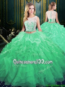 Super Scoop Sleeveless Organza Ball Gown Prom Dress Lace and Appliques and Ruffles Court Train Zipper