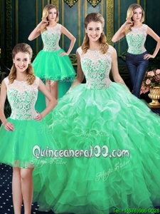 Sophisticated Four Piece Green Organza Zipper Scoop Sleeveless Floor Length Ball Gown Prom Dress Lace and Ruffles