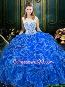 Classical Scoop Royal Blue Sleeveless Lace and Ruffles Floor Length Quince Ball Gowns