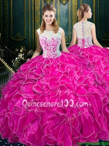 Low Price Fuchsia Ball Gown Prom Dress Military Ball and Sweet 16 and Quinceanera and For withLace and Ruffles Scoop Sleeveless Zipper