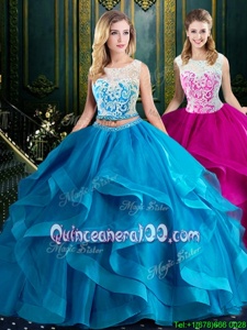 Scoop Sleeveless Quinceanera Gown With Brush Train Lace and Ruffles Baby Blue Tulle