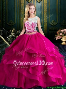 Most Popular Scoop Sleeveless Brush Train Lace Up 15 Quinceanera Dress Fuchsia Tulle