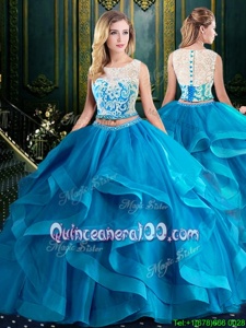 Unique Scoop With Train Zipper 15 Quinceanera Dress Baby Blue and In forMilitary Ball and Sweet 16 and Quinceanera withLace and Ruffles Brush Train