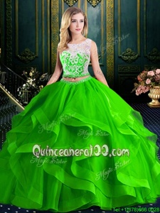 Modest Scoop Spring Green Tulle Zipper Sweet 16 Quinceanera Dress Sleeveless With Brush Train Lace and Ruffles