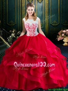 Sweet Red Square Neckline Lace and Ruffles Quinceanera Dress Sleeveless Zipper