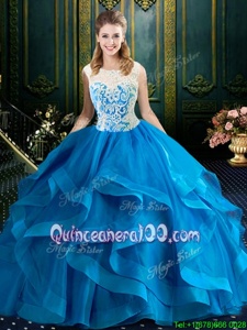 Graceful Baby Blue Tulle Zipper Scoop Sleeveless With Train Sweet 16 Dresses Brush Train Lace