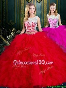 Glittering Ball Gowns 15 Quinceanera Dress Red Scoop Tulle Sleeveless Floor Length Zipper