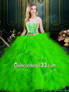 Custom Design Scoop Spring Green Sleeveless Floor Length Lace and Ruffles Zipper 15 Quinceanera Dress