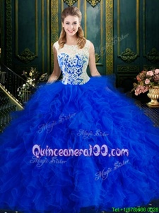 Flare Scoop Sleeveless Sweet 16 Dresses Floor Length Lace and Ruffles Royal Blue Tulle