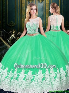 Customized Scoop Apple Green Sleeveless Tulle Zipper Quinceanera Gown forMilitary Ball and Sweet 16 and Quinceanera