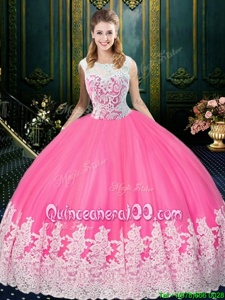 Fitting Ball Gowns Quinceanera Dress Rose Pink Scoop Tulle Sleeveless Floor Length Zipper