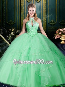 Elegant Floor Length Apple Green Sweet 16 Dress Halter Top Sleeveless Lace Up