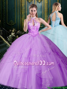 Super Halter Top Lavender Ball Gowns Beading and Lace and Ruffles Quinceanera Gown Lace Up Tulle Sleeveless Floor Length