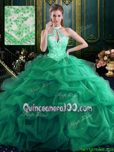 Halter Top Green Sleeveless Beading and Ruffles and Pick Ups Floor Length Quinceanera Dresses