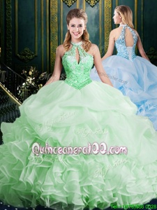 Elegant Halter Top Sleeveless Vestidos de Quinceanera Brush Train Beading and Lace and Appliques and Ruffles and Pick Ups Spring Green Organza