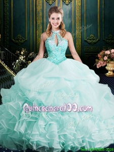 Classical Halter Top Apple Green Sleeveless Beading and Lace and Ruffles Clasp Handle Quinceanera Gown