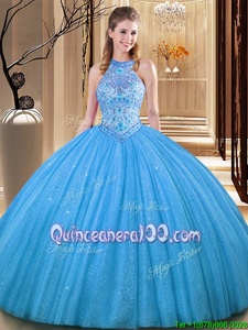 Baby Blue Backless High-neck Embroidery Quinceanera Dress Tulle Sleeveless