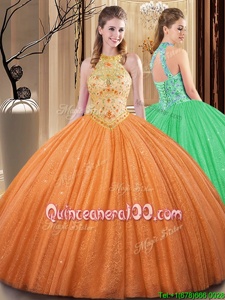 Eye-catching Orange Backless Vestidos de Quinceanera Embroidery and Hand Made Flower Sleeveless Floor Length