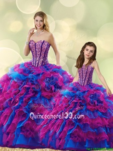 Luxury Multi-color Lace Up Sweetheart Beading and Ruffles Sweet 16 Dresses Organza Sleeveless