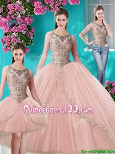 Most Popular Three Piece Scoop Peach Sleeveless Beading and Appliques Floor Length Sweet 16 Dress