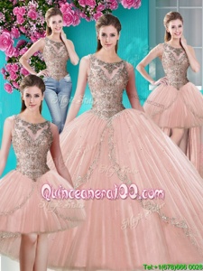 Hot Sale Four Piece Scoop Spring and Summer and Fall and Winter Tulle Sleeveless Floor Length Quinceanera Dresses andBeading and Appliques