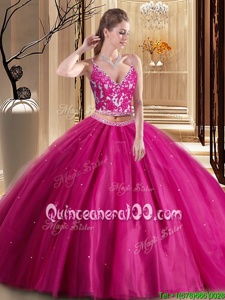 Low Price Hot Pink Spaghetti Straps Neckline Beading and Appliques Quinceanera Dress Sleeveless Lace Up