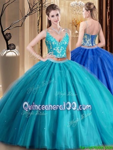 Dazzling Floor Length Teal Quinceanera Gown Spaghetti Straps Sleeveless Lace Up