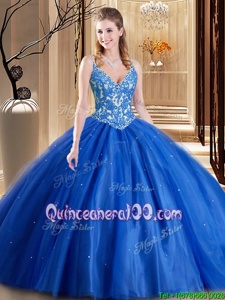 Dramatic Blue Ball Gowns Tulle Spaghetti Straps Sleeveless Beading and Appliques Floor Length Lace Up Quinceanera Dress