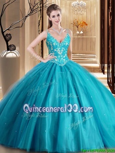 High End Teal Ball Gowns Spaghetti Straps Sleeveless Tulle Floor Length Lace Up Beading and Lace and Appliques Quince Ball Gowns