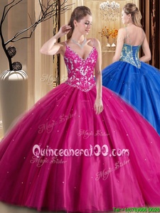 Fashion Hot Pink Ball Gowns Tulle Spaghetti Straps Sleeveless Beading and Appliques Floor Length Lace Up Vestidos de Quinceanera