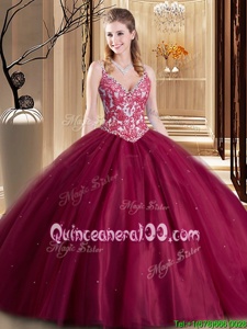 Deluxe Sleeveless Floor Length Beading and Lace and Appliques Lace Up 15 Quinceanera Dress with Burgundy