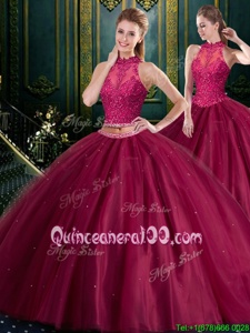 Sweet Burgundy Ball Gown Prom Dress Military Ball and Sweet 16 and Quinceanera and For withBeading and Lace High-neck Sleeveless Lace Up