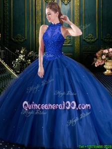 Glamorous Floor Length Navy Blue Quinceanera Dress Tulle Sleeveless Spring and Summer and Fall and Winter Appliques