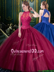 Dynamic Burgundy High-neck Neckline Appliques Quinceanera Gowns Sleeveless Lace Up