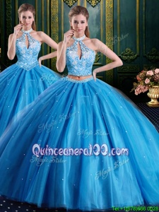Artistic Beading and Appliques 15th Birthday Dress Baby Blue Lace Up Sleeveless Floor Length