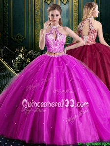 Suitable Tulle Halter Top Sleeveless Lace Up Beading and Lace and Appliques Sweet 16 Quinceanera Dress inFuchsia